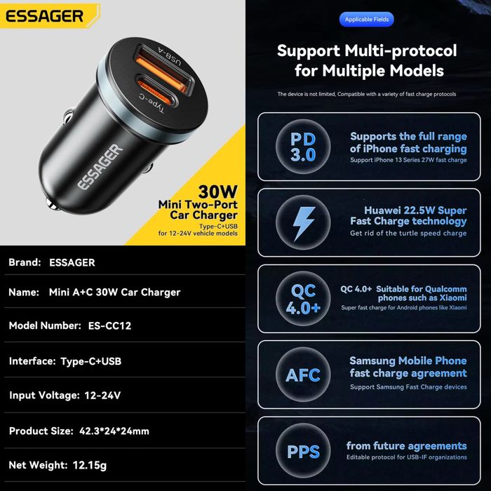 Essager 30w Швидка автомобільна зарядка в прикурювач 33w 60w, Essager 80w 100w 120w з вольтметром Швидка зарядка для Ноутбука телефона планшета