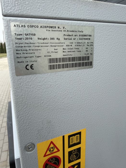 Kompresor śrubowy Atlas Copco GA 7 VSD FF osuszacz falownik 7,5KW