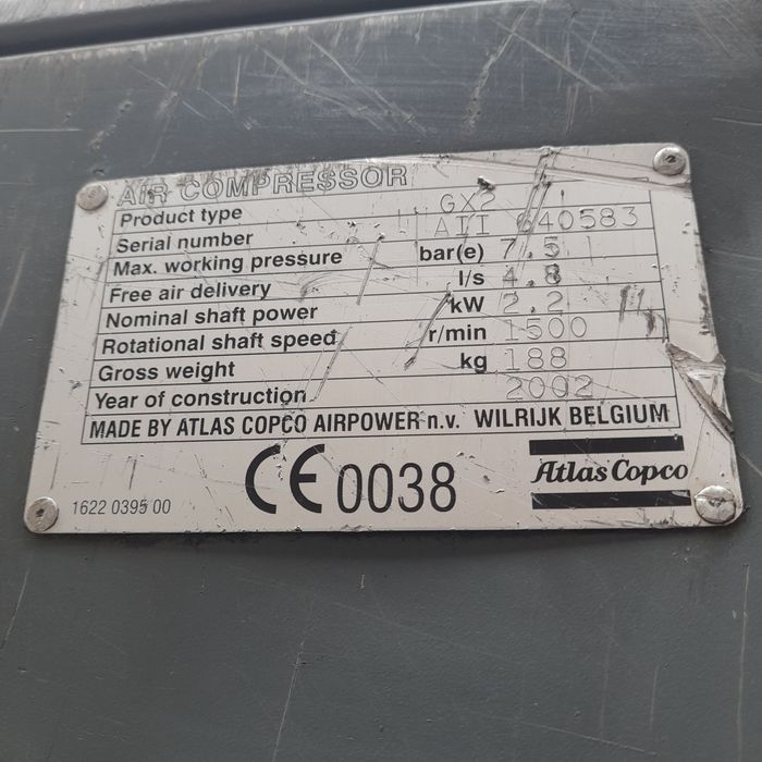 Sprężarka śrubowa Atlas Copco GX2 + zbiornik 200L 7.5bar