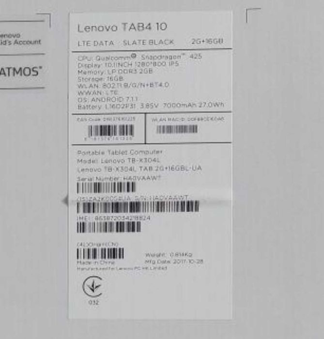 Планшет Lenovo Tab 4 10.1" 16GB Android WiFi + LTE