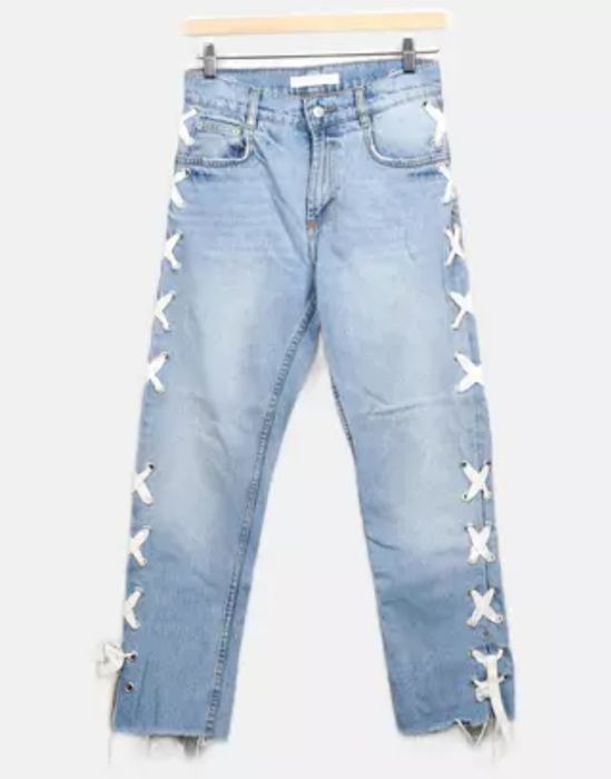 zara jeansy sznurowane haftowane jeans dopasowane wysoki stan