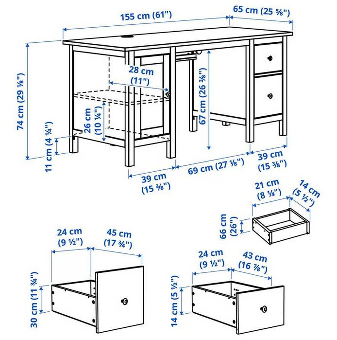Secretária + Acessórios Hemnes Ikea 155x65x74cm Castanho Usado