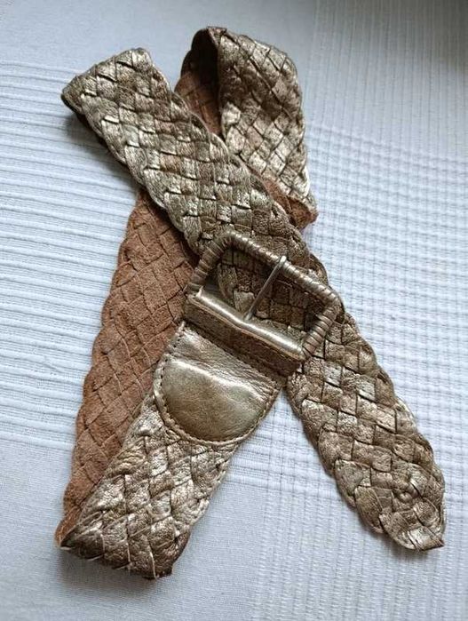 Pasek skórzany pleciony złoty brązowy boho vintage szeroki