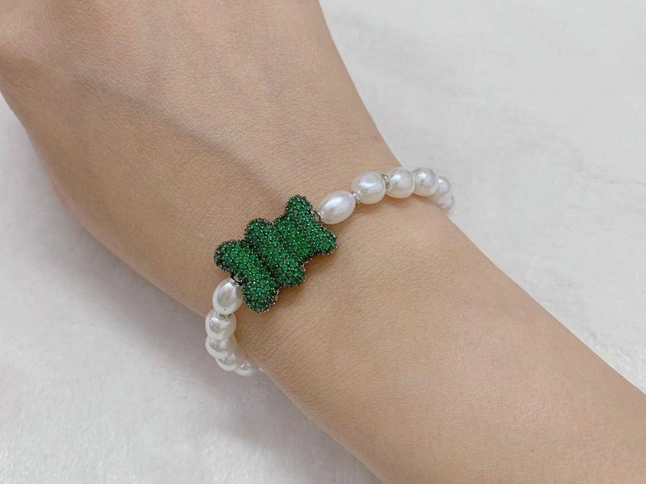 APM Monaco Modna Bransoletka - Zielony Miś z Perłami
