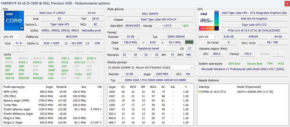 Dell Precision 3560 i7 1165G7 16 GB DDR4 1 TB SSD T500 2GB GDDR6 15,6"