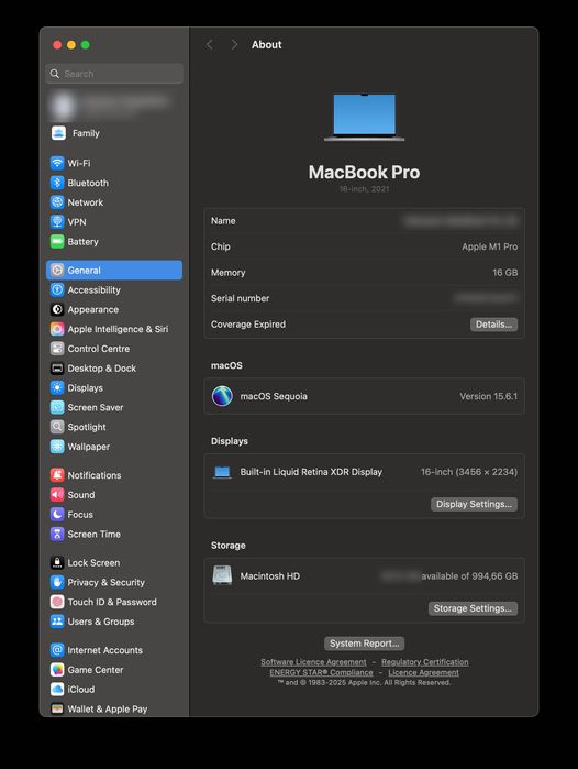 MacBook Pro 16” (2021) - M1 Pro, Space Gray, 1Tb
