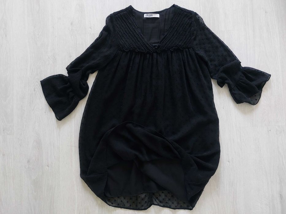 Czarna sukienka z haftem z tkaniny plumeti z długim rękawem Zara 36 S