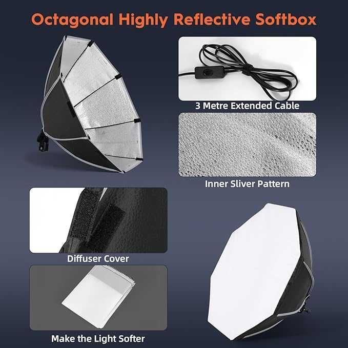 Kit de iluminação para fotografia FGen com softbox octogonal de 50 cm