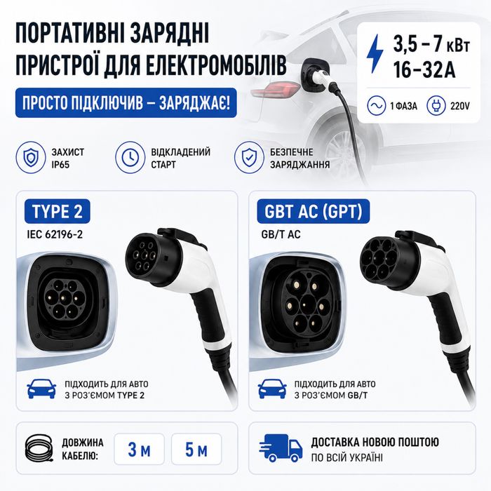Зарядний пристрій EV Charger 3,5-7 кВт 16-32A ype 1Туре 2 GB/T 3-5 м