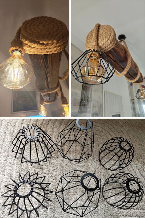 Lampa sznur jutowy 3xe27 belka rustykalna loft handmade klosze