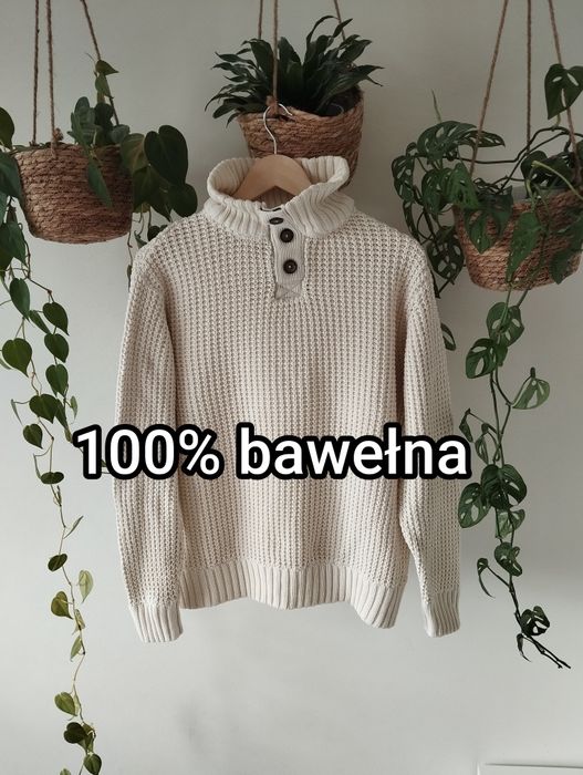 Bawełniany męski sweter, ze stójką, listwa guzikowa, śmietankowy, ze s