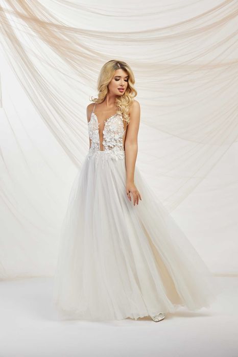 Delikatna, brokatowa, tiulowa suknia ślubna na ramiączka 36-38