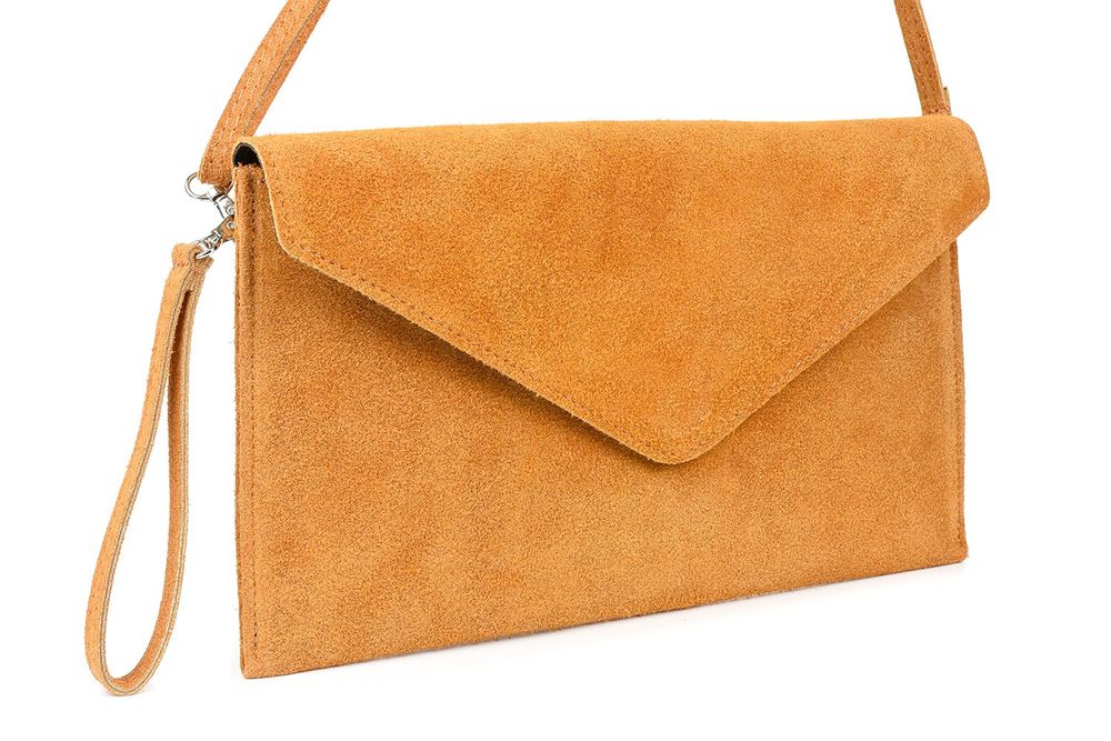 Włoska Kopertówka Skórzana Zamszowa wieczorowa brązowa musztardowy wyjściowa balowa modna stylowa oryginalna elegancka balowa damska do ręki
