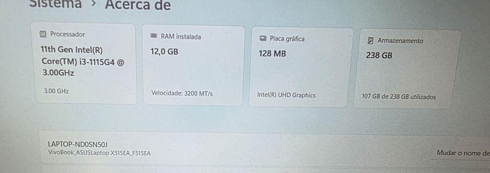Portátil ASUS 15.6" - intel i3 12gb 256gb W11 home c/ NOVO