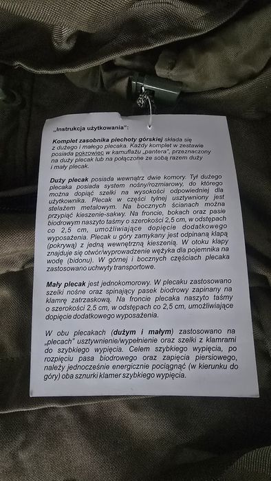 Plecak wojskowy 987B/MON zasobnik piechoty górskiej WP