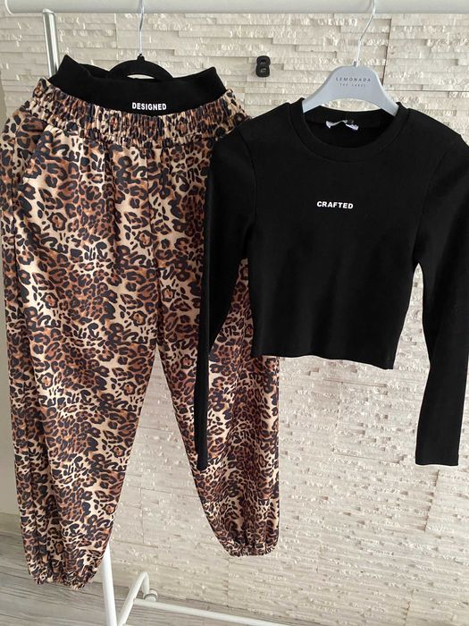 Aszmi Style nowy dres set spodnie wysoki stan top prążek cętki