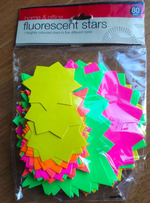 Gwiazdki fluorescencyjne w 5 rozmiarach i różnych kolorach