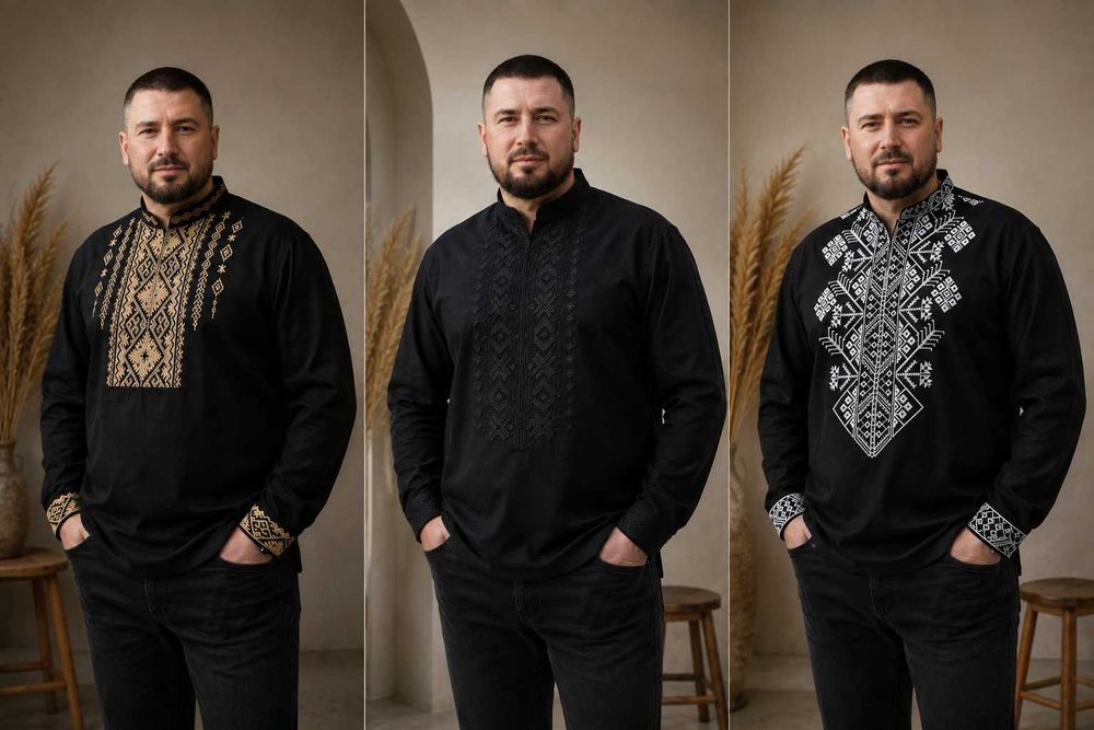 Чоловіча вишиванка сорочка чорна довгий рукав сорочка льон українська