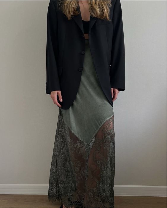 Спідниця мереживна довга зелена/хакі