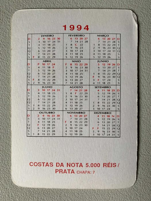 Calendário de 1994 - Nota de Cinco Mil Reis