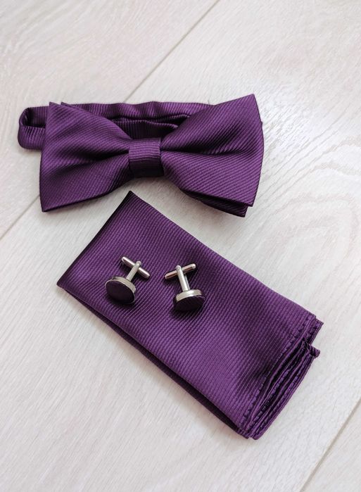 Fioletowy  komplet muszka spinki poszetka