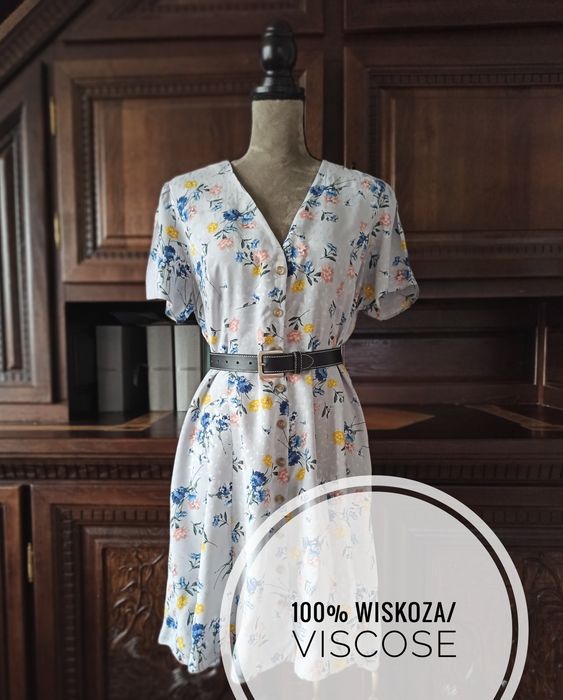 Zwiewna szara sukienka w kwiaty 100% wiskoza, dekolt V, letnia, boho,