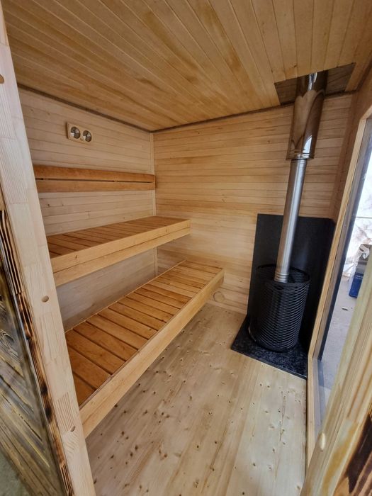 Sauna wolnostojąca ogrodowa AURORA II thermo sosna przedsionek piec opalany drewnem