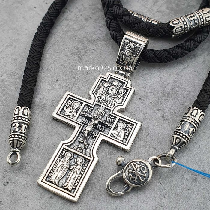 Шовкова цепочка з хрестиком чоловічим двостороннім шнур вставками 4 мм