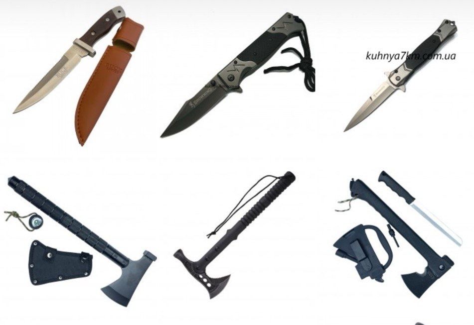 Большой ассортимент ножей, топоров — всё для кухни, рыбалки и охоты