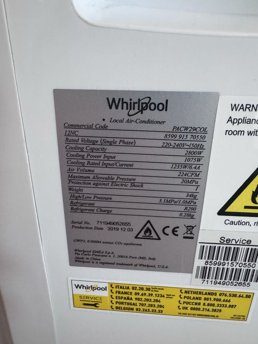 Klimatyzator przenośny Whirpool PACW29COL