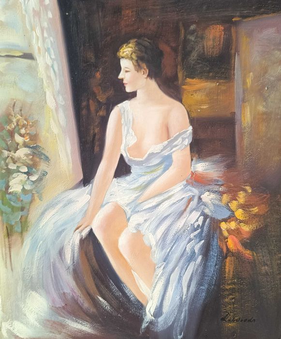 Pintura Original Certificada - Óleo sobre Tela de L. Woods - Retrato Feminino 60x50
