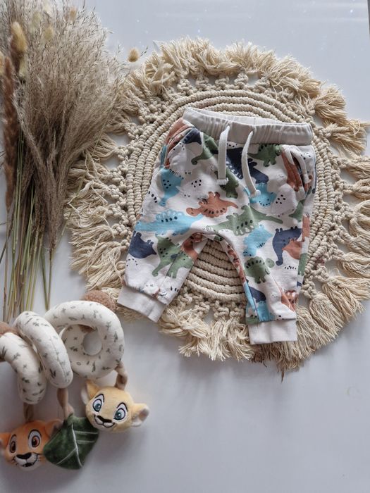 Beżowe bawełniane spodnie w dinozaury H&M