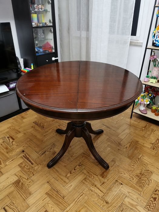 Mesa de jantar redonda extensível em madeira maciça – 104 cm (132 cm aberta) – Ideal para restauro