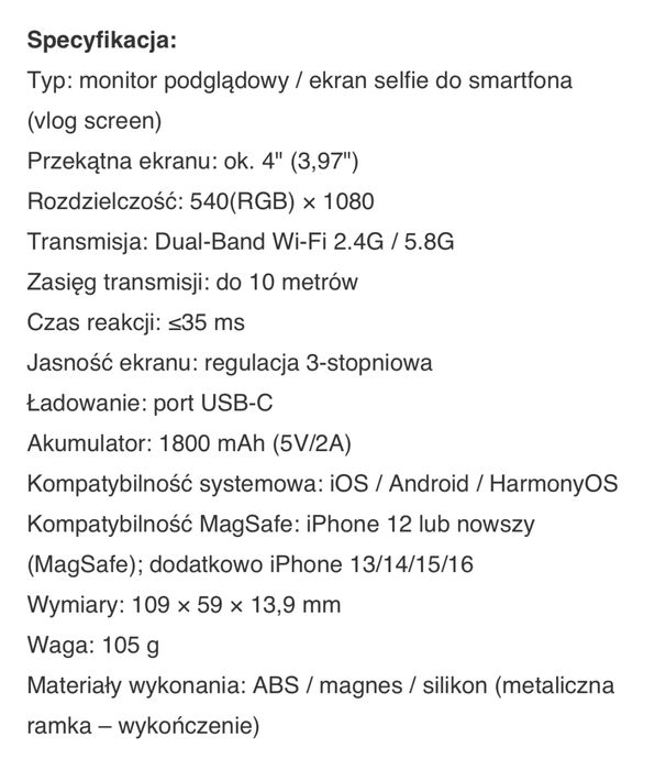 Monitor selfie TELESIN P5-RMT-07