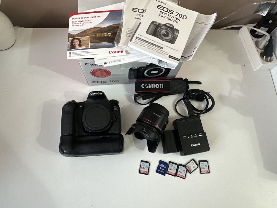 Aparat Canon EOS 70D + obiektyw Yongnuo 50mm f/1,8 II / Grip / Karty