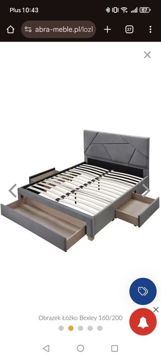 Łóżko sypialnia, welur 160x200, 3 szuflady, wygodny materac