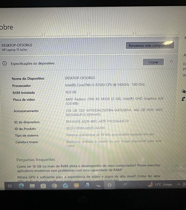 HP Laptop 15-bs1xx i5-8250U 16GB RAM | SSD + HDD | Radeon R5 M330