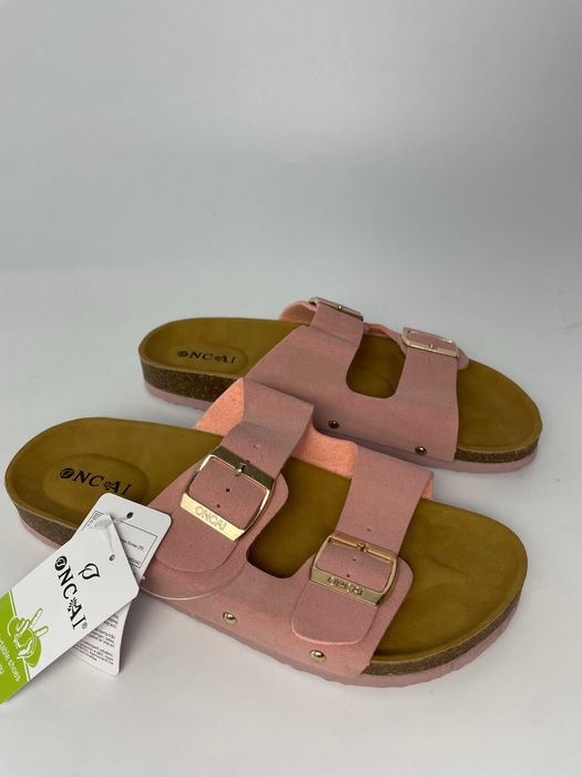 ONCAI różowe klapki premium skórzana wkładka gold detale rozm. 40