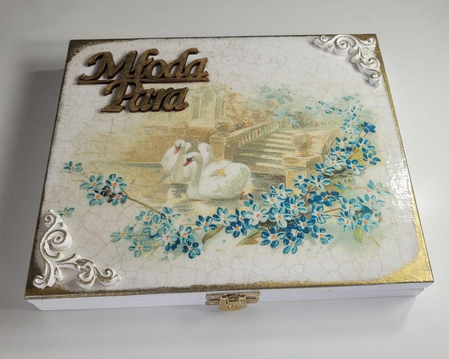 Pudełko ślubne na pieniądze/kopertę (złota ramka) decoupage