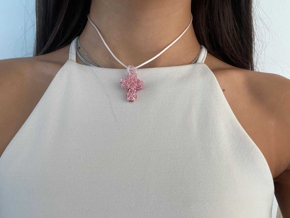 Conjunto anel, brincos e fio cruz ROSA