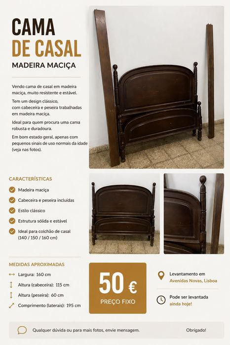 Cama de Casal em Madeira Maciça | Clássica | Robusta | 50€