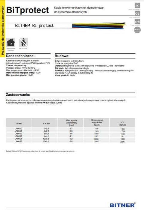 Przewód YTDY BiTprotect 8x0.5 mm Kabel ALARMOWY, DOMOFONOWY BITNER.