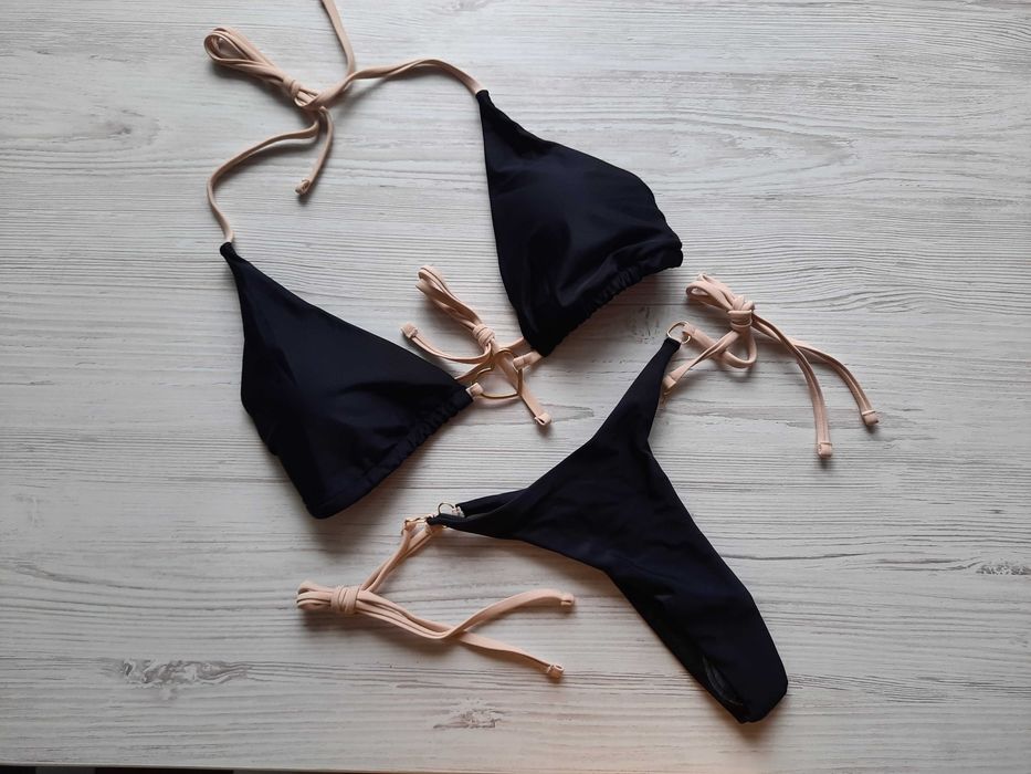 Черный купальник стринги со стрингами Китай Shein новый открытый на завязках для загара треугольники шторки мягкая чашка А В без пуш-апа косточек