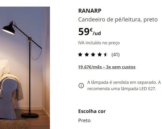 Candeeiro de pé IKEA com lâmpada
