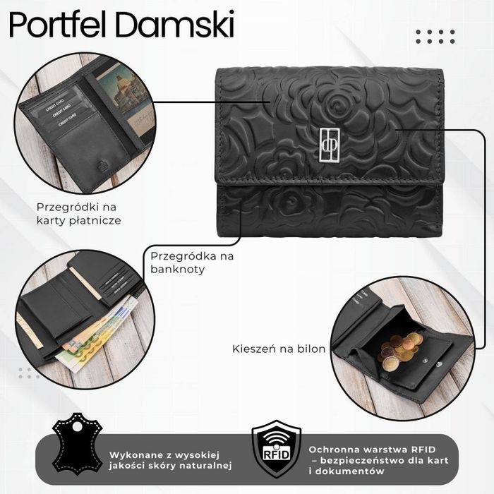 Portfel damski skórzany czarny w orientacji poziomej RFID Paolo