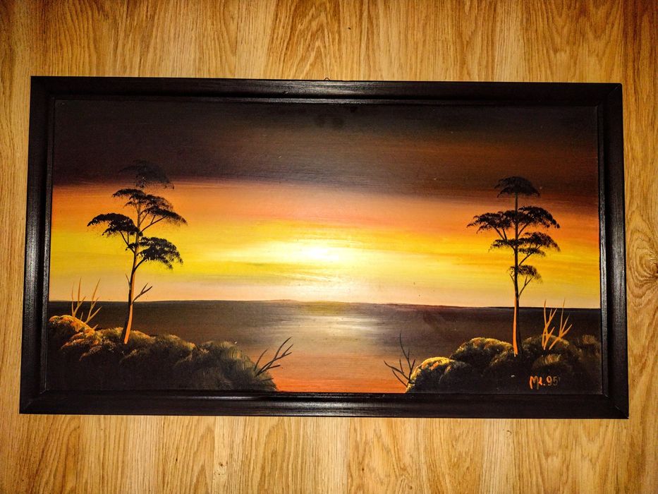 Obraz olejny na płycie 85,5x48 w ramie czarnej.