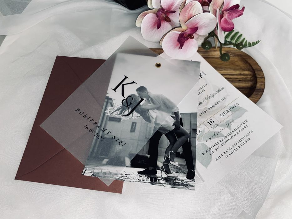 Ślubne zaproszenie ze zdjeciem i kalką + koperta
