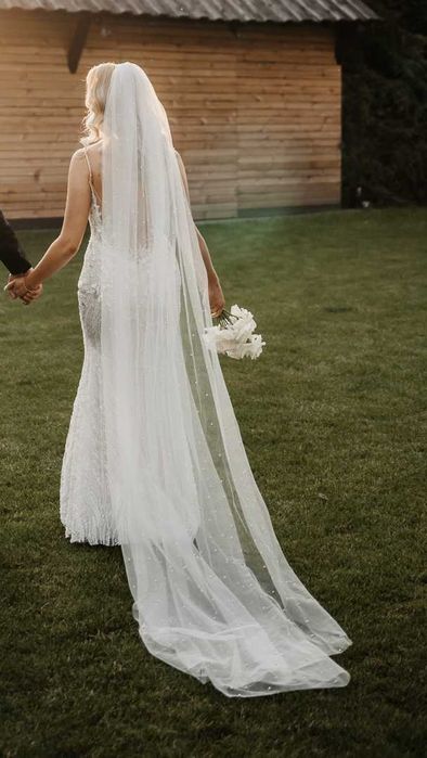 Luksusowa suknia ślubna rybka/syrenka, koronka z perełkami