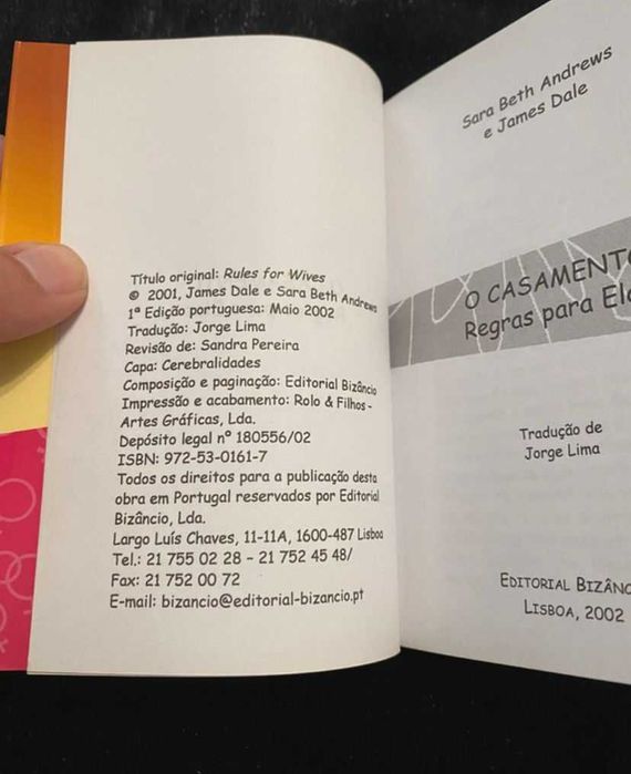 O Casamento – Regras para Elas Sara Beth Andrews e James Dale 1.ª edição portuguesa 2002