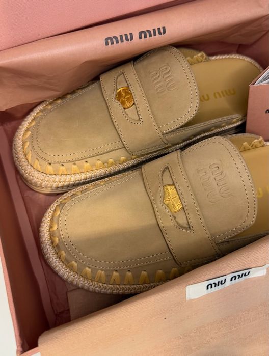 Mule raffia i skóra platformy Miu miu